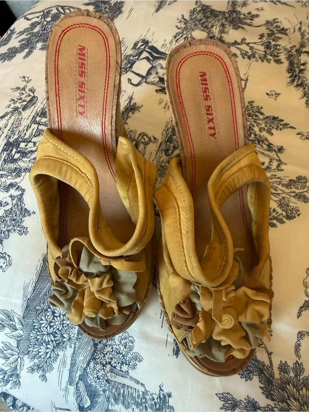 Miss Sixty Mustard Yellow Ruffled Wedge Slip-Ons